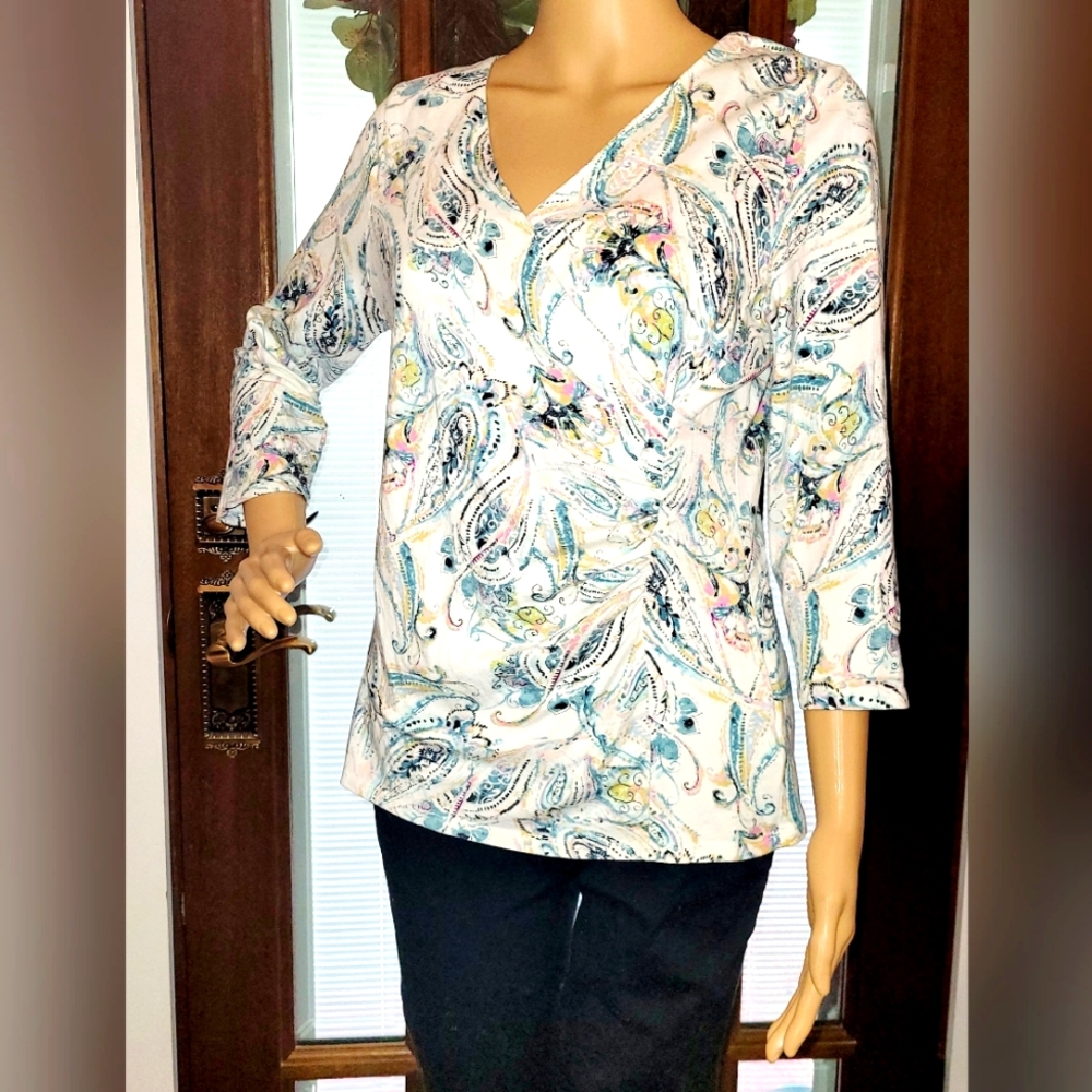 Talbots Cotton-Rich 3/4 Sleeve Faux Wrap Petite Large Top